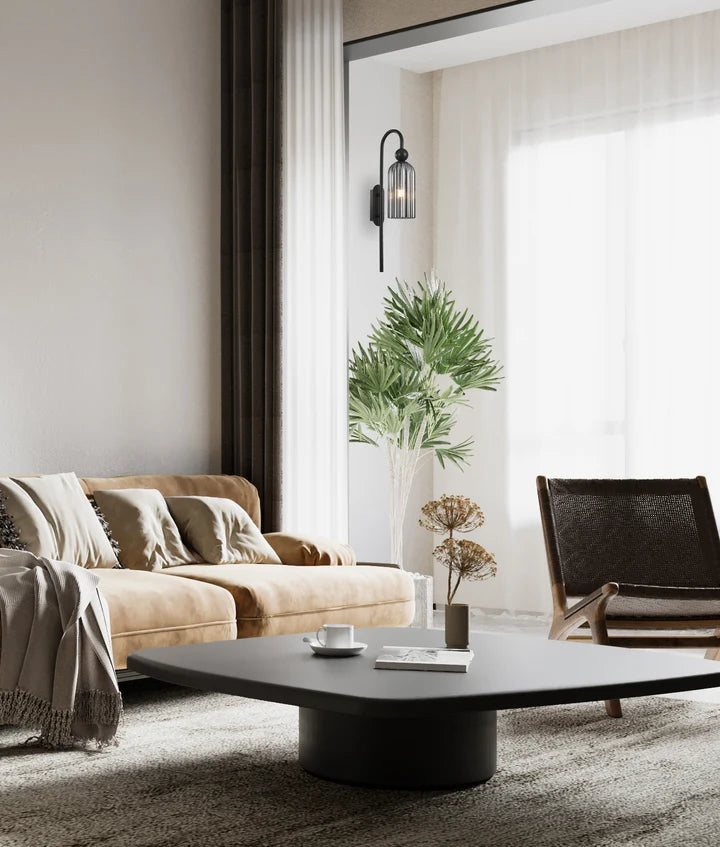 FLAUTA: Interior Round Top Cylinder Ribbed Wall Light - Smokey Black