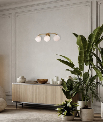 PALLA: Interior Triple Sphere Alabaster with Brass Highlight Round Base Wall Light