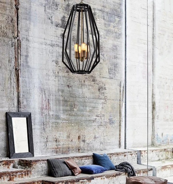 GAMBA: Industrial Black Rustic Narrow Angular Cage Pendant Light