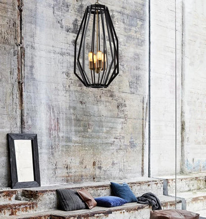 GAMBA: Industrial Black Rustic Narrow Angular Cage Pendant Light