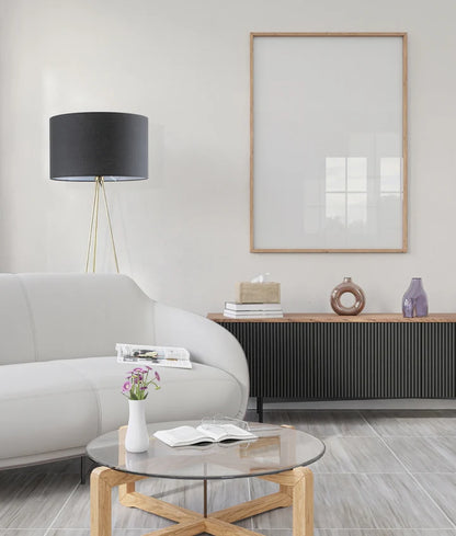 JAMBES: Drum Shade with Antique Brass Tripod Floor Lamp - Black