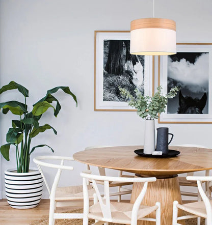 TAMBURA05: Scandinavian Large Drum Cloth Shade with Wood Veneer Trim Pendant Lights- White