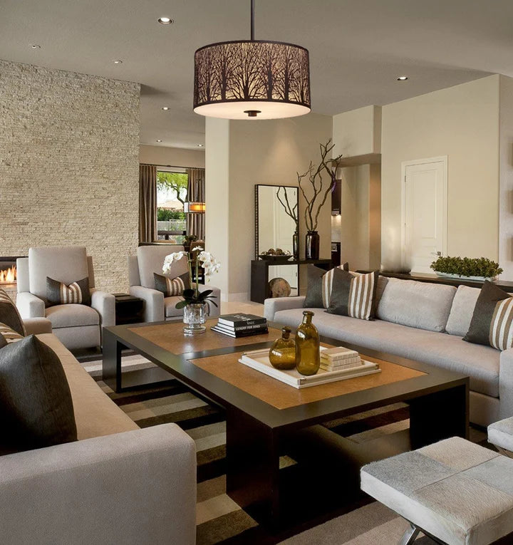 AUTUMN02: Large Drum Aged Bronze with Amber Lining Pendant Light