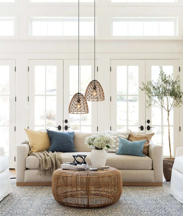 CANAMO: Bohemian Interior Natural Hemp Rope &amp; Black Hardware Dome Pendant Light