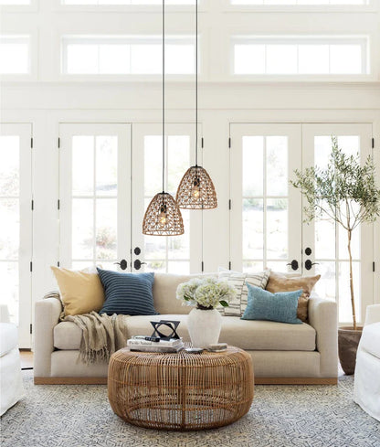 CANAMO: Bohemian Interior Natural Hemp Rope &amp; Black Hardware Dome Pendant Light