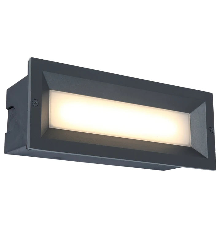BRICKTRI: Exterior LED Tri-CCT Recessed Rectangular Frosted Diffuser Wall / Brick Lights IP65 - Dark Grey