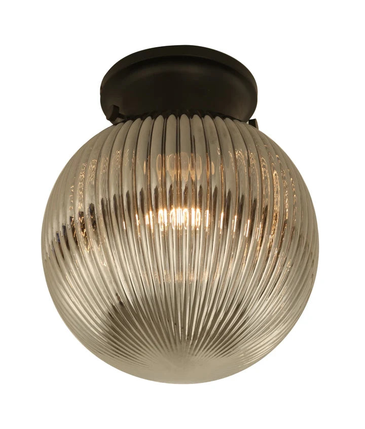 D.I.Y. Batten Fix Ceiling Lights - Large Spherical Ribbed Shape Fixtures (Smokey Black Glass & Black Batten)