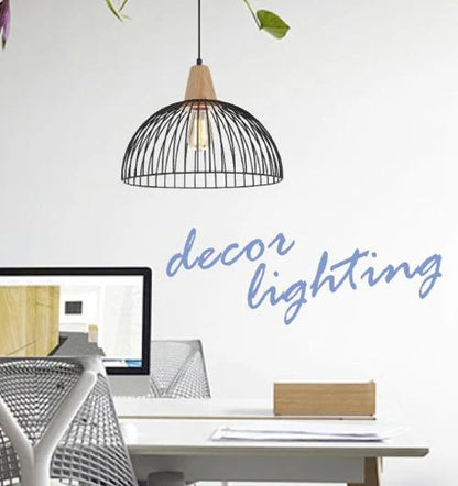 STRAND: Iron and Wood Dome Cage Pendant Light - Black