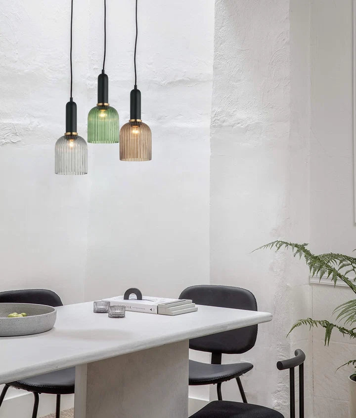 VINTAJ: Retro Interior Ellipse Shape Ribbed Glass Pendant Lights - Clear