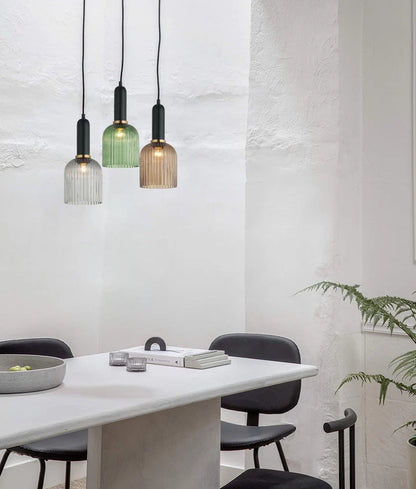 VINTAJ: Retro Interior Ellipse Shape Ribbed Glass Pendant Lights - Clear