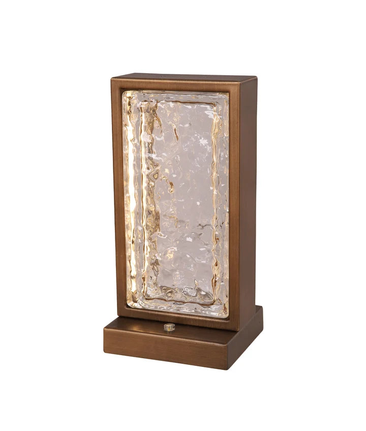 ZEIGEL: Interior LED Rectangular Textured Ice Glass Diffuser Table Lamp - Antique Brass Housing