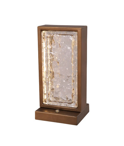 ZEIGEL: Interior LED Rectangular Textured Ice Glass Diffuser Table Lamp - Antique Brass Housing