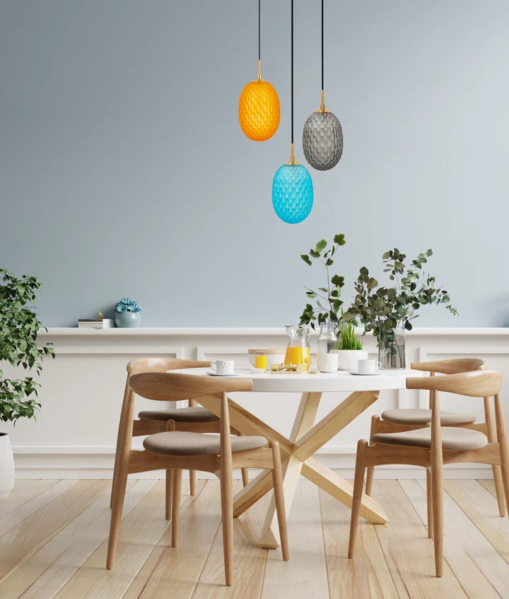KATHAL: Interior ORANGE Ellipse Glass with Brass Highlight Enclosed Pendant Lights