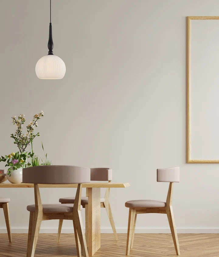 CALIZ: Interior Frosted Wine Glass Ribbed with Black Pendant Lights - Large