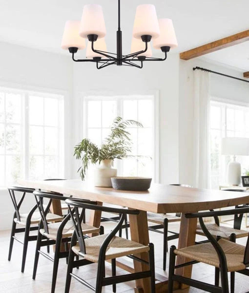 ABBEY: Interior Traditional 6 Lamps Opal Glass Pendant Light - Matte Black