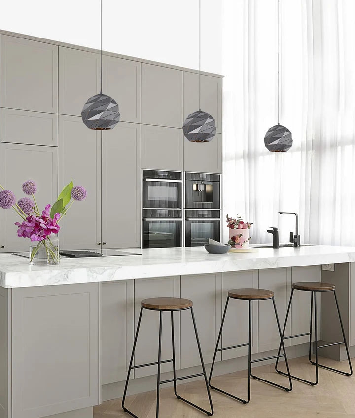 ORIGAMI: Interior Large Dome Carved Iron Origami Style Pendant Lights - Matte Grey