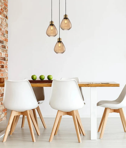 TULIP1X3R: Interior Bronze Amber Wine Glass Ribbed Multiple Round Base Pendant Light