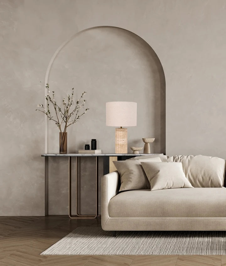 SAGITTA: Beige Travertine Base Oblong Fabric Cream Shade Table Lamp - Small