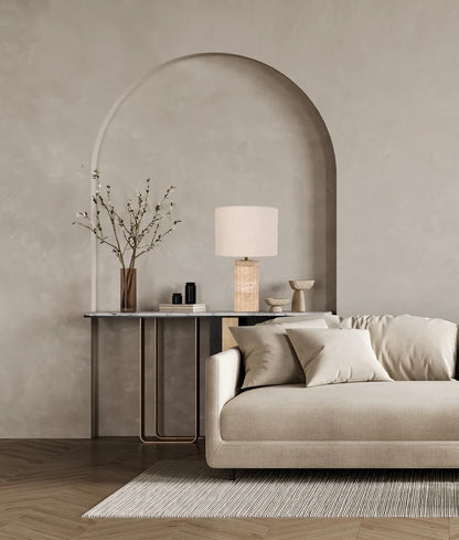 SAGITTA: Beige Travertine Base Oblong Fabric Cream Shade Table Lamp - Small