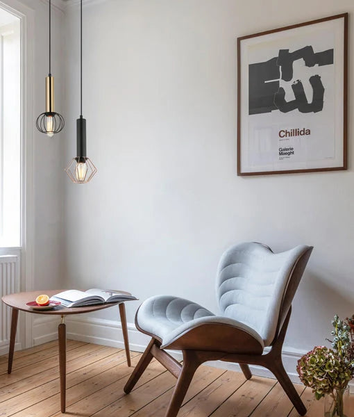 CORAZON: Interior Antique Brass and Matte Black Round Cage Pendant Light