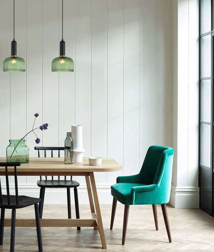 VINTAJ: Retro Interior Dome Shape Ribbed Glass Pendant Lights - Green