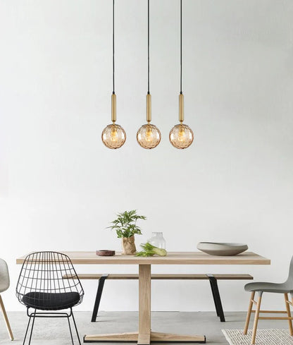 TRATTINO1X3S: Interior Bronze Amber Spherical Glass Multiple Bar Base Pendant Light