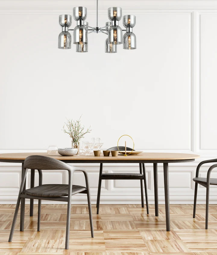 CLESSIDRA: Interior Mirror Finish Smokey Black Glass Ellipse x12 Round Base Pendant Lights