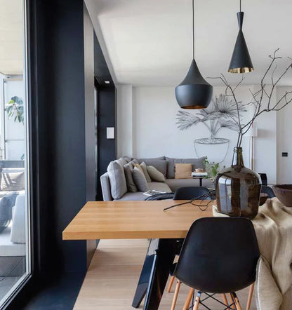 CAVIAR: Black Angled Bell Shape Pendant Light