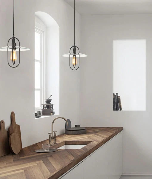 PAPILLON: Interior Oblong Iron with Glass Coolie Pendant Lights - Matte Black