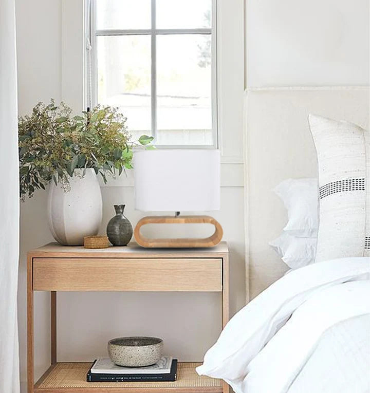 LOTUS: Blonde Wood Cloth Shade Table Lamp