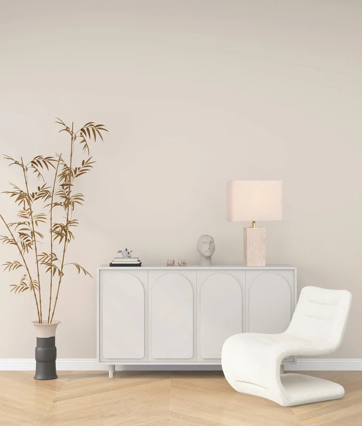 SAGITTA: Beige Travertine Base Rectangular Fabric Cream Shade Table Lamp - Large
