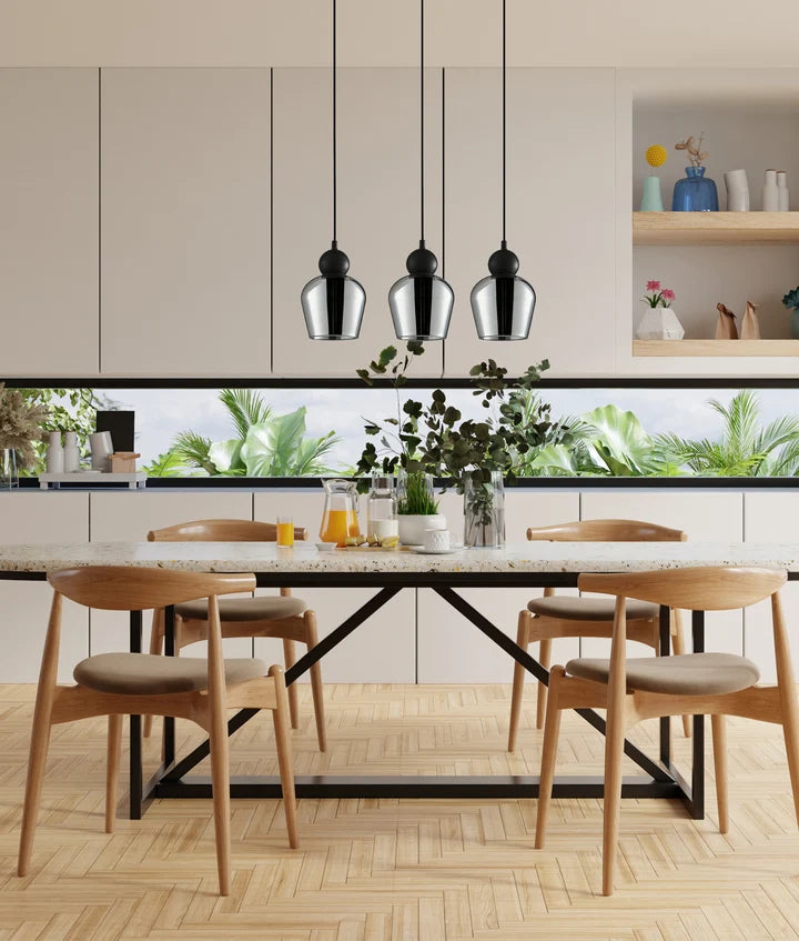CHAMPAN1X3S: Interior Mirror Smokey Black Glass Ellipse Multiple Bar Base Pendant Light