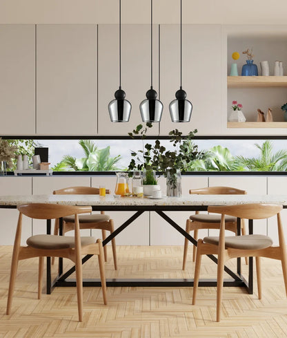 CHAMPAN1X3S: Interior Mirror Smokey Black Glass Ellipse Multiple Bar Base Pendant Light