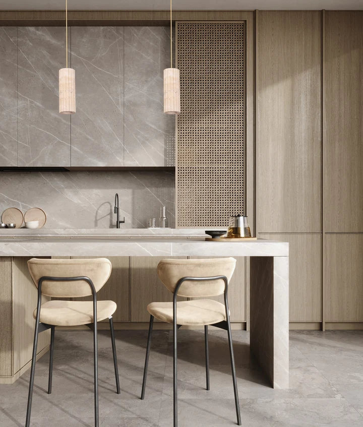 SAGITTA: Interior Oblong Beige Travertine with Brass Highlight Pendant Light