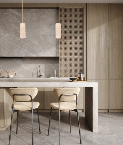 SAGITTA: Interior Oblong Beige Travertine with Brass Highlight Pendant Light