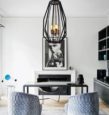GAMBA: Industrial Black Rustic Narrow Angular Cage Pendant Light