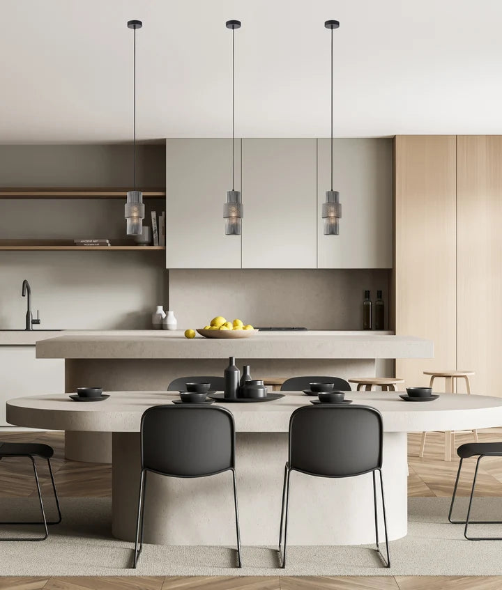 HUECA: Interior Double Cylinder Ribbed with Segment Pendant Lights - Smokey Black