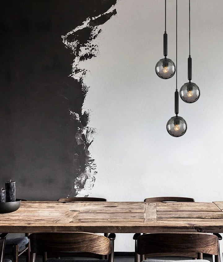 TRATTINO1X3R: Interior Smokey Black Spherical Glass Pendant Light