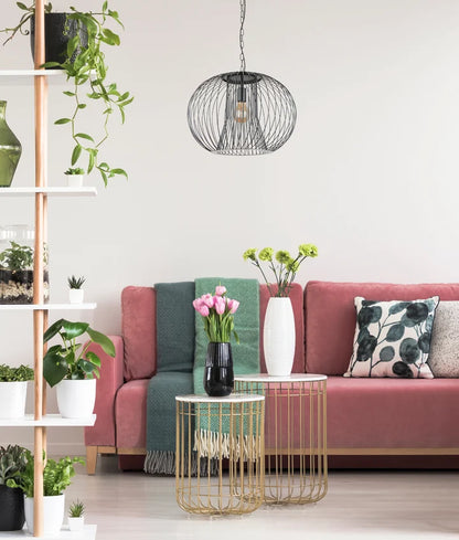 PARRILLA: Interior Round Cage Iron Pendant Lights - Matte Black
