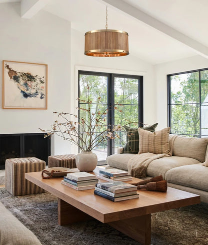 BARRIQUE: Retro Interior Large Drum Medium Oak Wood Pendant Lights