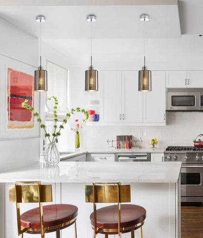 ESPEJO1: Interior Iron & Chrome Oblong Glass with Line Effect Pendant Light - Single