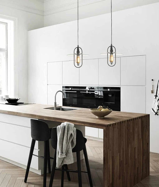 PAPILLON: Interior Oblong Iron with Glass Coolie Pendant Lights - Matte Black