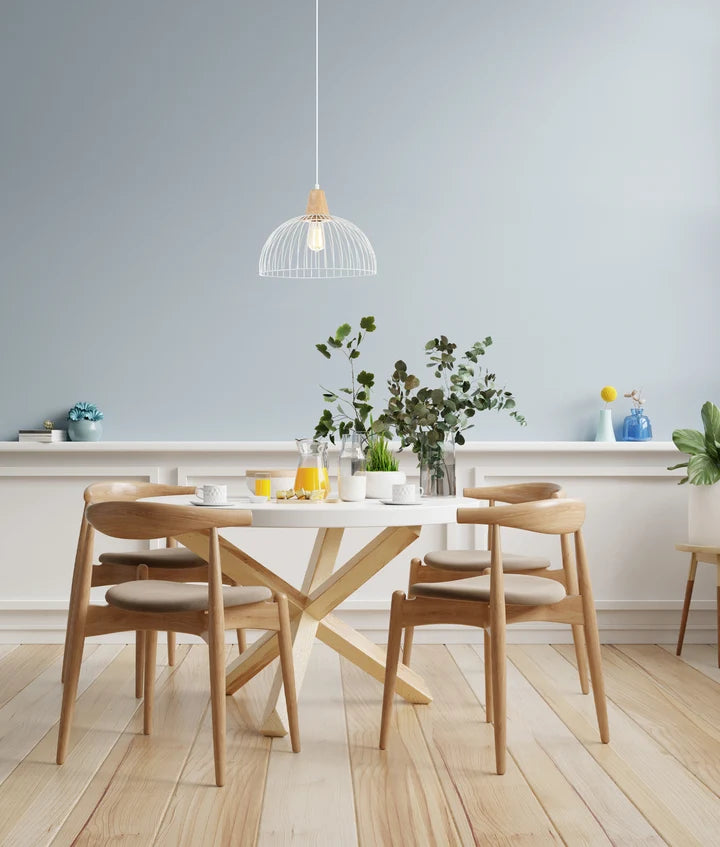STRAND: Iron and Wood Dome Cage Pendant Light - White