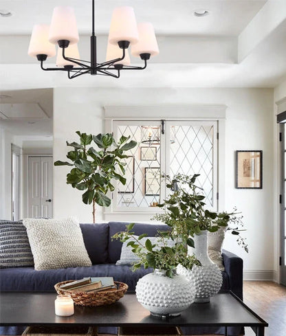 ABBEY: Interior Traditional 6 Lamps Opal Glass Pendant Light - Matte Black