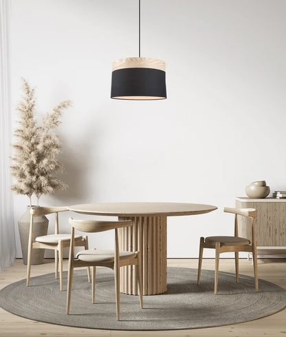 TAMBURA05: Scandinavian Large Drum Cloth Shade with Wood Veneer Trim Pendant Lights- Black