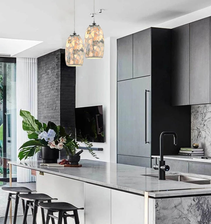 GLAZE10: Stone Mosaic Hand Blown Glass Pendant Lights - Light
