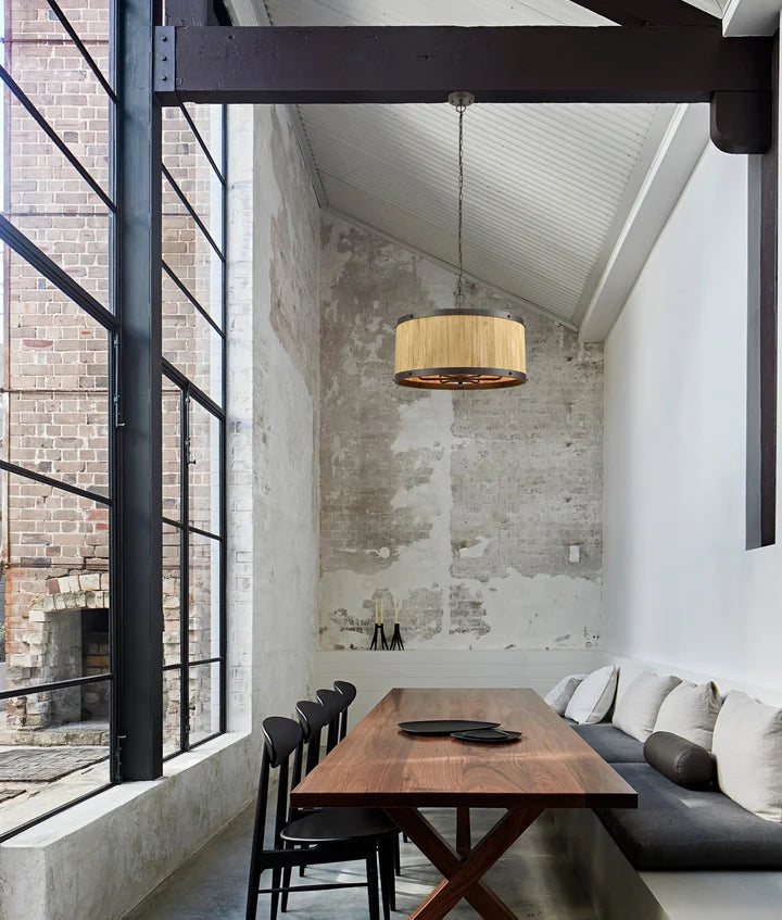 BARRIQUE: Retro Interior Large Drum Natural Wood Pendant Light