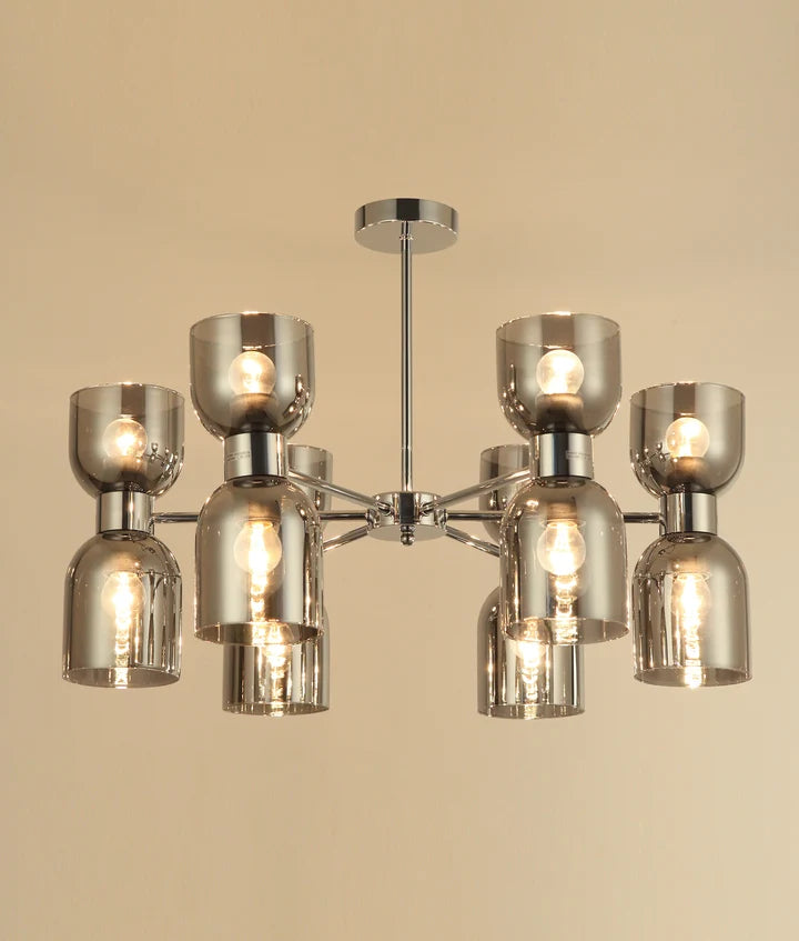 CLESSIDRA: Interior Mirror Finish Smokey Black Glass Ellipse x12 Round Base Pendant Lights