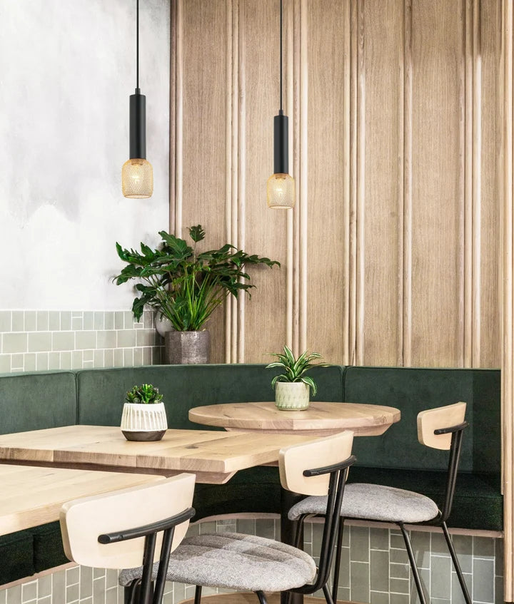 MIKRO: Modern Karaoke Matte Black Mic Shape Interior Cylinder & Brass Mesh Pendant Light