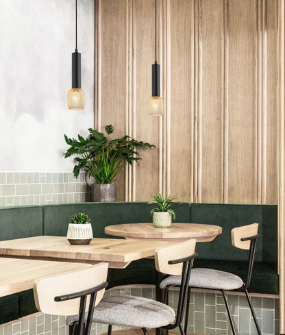 MIKRO: Modern Karaoke Matte Black Mic Shape Interior Cylinder & Brass Mesh Pendant Light